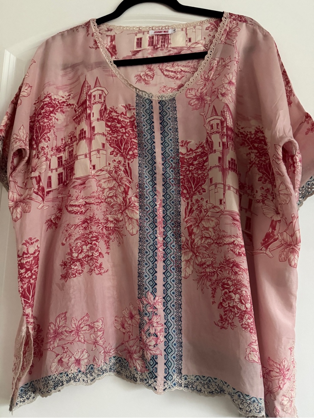 Johnny Was Beautiful 100% Silk Women Halsey Pink Toile Print Short Sleeve Blouse